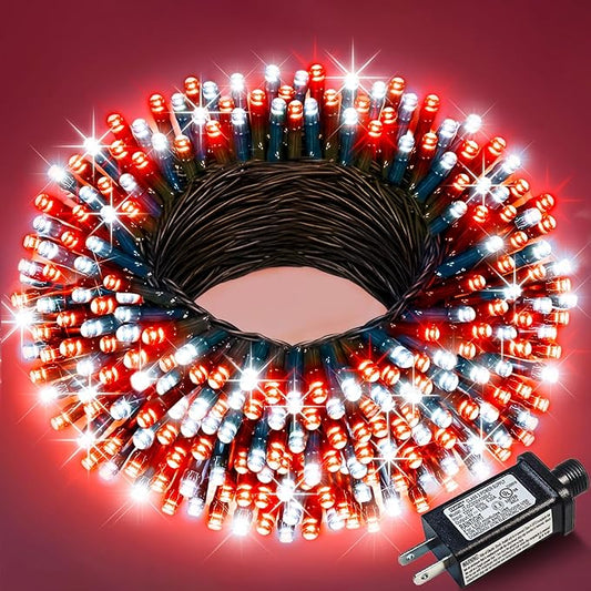 Christmas Lights Outdoor, 66FT 200 LED Christmas String Lights with 8 Modes Waterproof, Connectable Green Wire Twinkle Light for Indoor Patio Garden Xmas Party Holiday Decorations, Red White