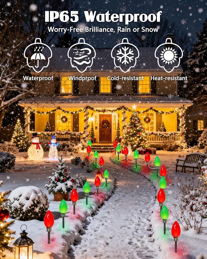 IDEAALS 12 Pack Jumbo Red and Green Plug in C9 Christmas Lights Outdoor，LED Pathway Lights Waterproof, Strawberry Light Christmas Decorations Outdoor for Walkway Party Patio Garden Lawn Yard Decor