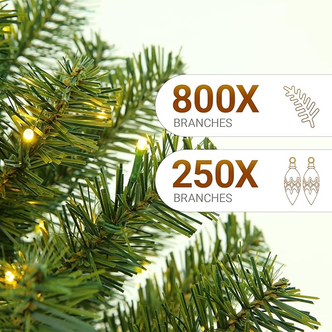 6FT Prelit Green Artificial Christmas Tree with 250 Warm White LED Lights – Full Pre-Lit Holiday Tree for Indoor Home, Living Room, Apartment, Office, Traditional Christmas Decoration