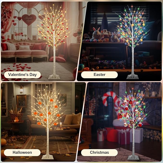 6FT Lighted Birch Tree with 130 LED Warm White and Multicolor Lights, 8 Modes, Timer Remote Faux Prelit Twig Christmas Tree with Lights for Indoor Outdoor Xmas Holiday Party Decoration