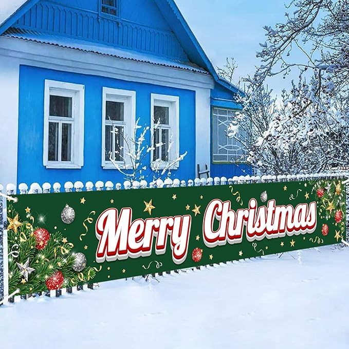 Happy Christmas Large Banner,Christmas Tree Branches Banner for Outside,Merry Christmas Green Decorations for Yard Garden 120x20 Inches