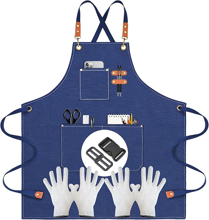 Heavy-Duty Canvas Tool Apron – Adjustable Cross-Back Work Apron with Pockets for Woodworking, Gardening & Crafts