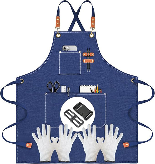 Heavy-Duty Canvas Tool Apron – Adjustable Cross-Back Work Apron with Pockets for Woodworking, Gardening & Crafts