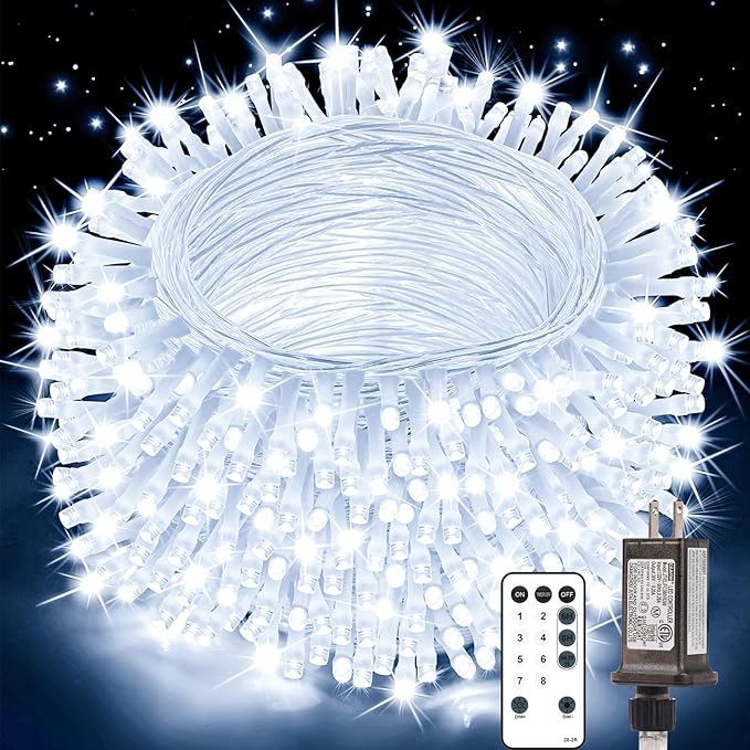Christmas Lights, 8 Modes Waterproof Timer Dimmable Memory LED Fairy String Light with Remote for Holiday Party Wedding Camping Xmas Tree Indoor Outdoor Decor (Cold White, 108FT 300 LED)