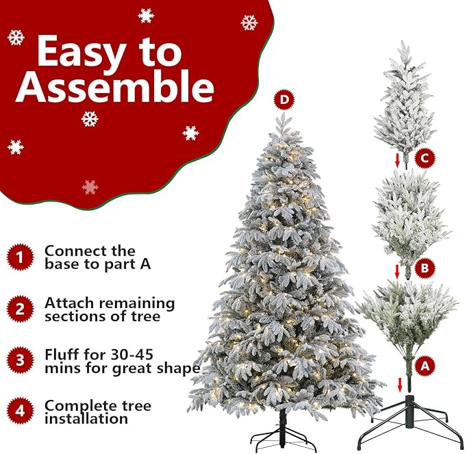 Flocked Spruce Artificial Christmas Tree - 7.5 ft Prelit with 10 Functions Colorful Lights & 2700 Realistic Tips, Firm Metal Stand & 400 Lights, Easy Assembly