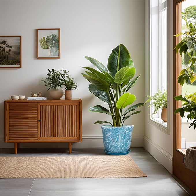 Ceramic Planter - 10 Inch Plant Pot for Indoor Outdoor, Large Round Flower Pots with Drainage Hole and Saucer, Modern Decorative Plant Pots, Garden House Decor, House Warming Gifts, Blue