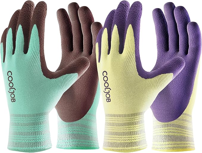 COOLJOB 2 Pairs Breathable Gardening Gloves for Women Large, Stretch Soft Modal Base with Non Slip Rubber Coating, Palm Dipped Grip Work for Gardener Worker in Lawn Yard Factory Garden