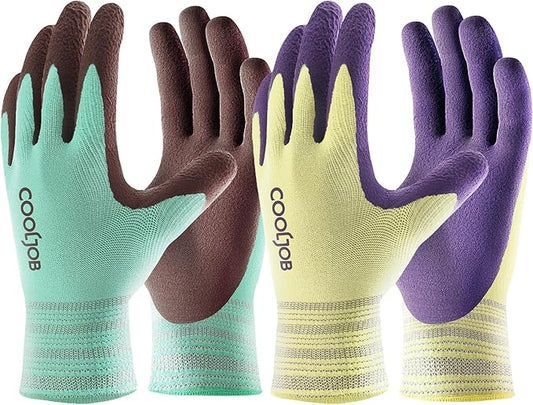 COOLJOB 2 Pairs Breathable Gardening Gloves for Women Extra Small, Stretch Soft Modal Base with Non Slip Rubber Coating, Palm Dipped Grip Work for Gardener Worker in Lawn Yard Factory Garden
