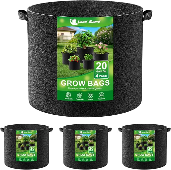 Land Guard 4-Pack Fabric Grow Bags 20 Gallon, Thickened Nonwoven Garden Pots, Growing Bags with Handles, Black