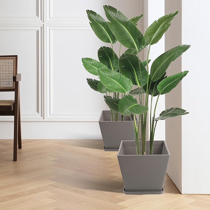 Kozyard 4Packs Taper Planter Indoor Outdoor Plant Pots with Tray Collecting Water for Porch, Patio, Backyard Planters Modern Décor for Tall Plants Flowers GrayishBrown