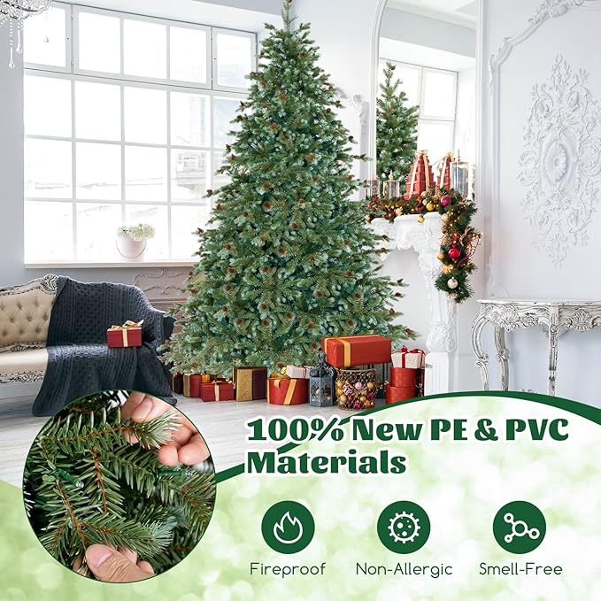 GOFLAME 8FT Pre-Lit Christmas Tree, Artificial Xmas Tree with 1226 Branch Tips, 89 Pine Cones, 410 Warm White LED Lights, 8 Lighting Modes, Holiday Decoration Tree for Home, Shop & Office