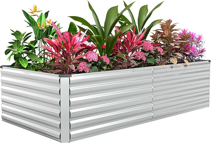 FOOWIN 8x4x2ft Galvanized Raised Garden Bed, Planter Raised Garden Boxes Outdoor, Large Metal Raised Beds for Gardening, Garden Bed for Vegetables, Flowers, Herb,478 Gallon Capacity, Silver