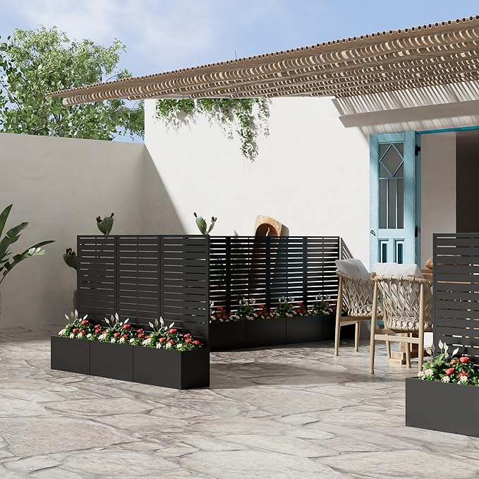 Casaphoria Metal Raised Garden Bed, 47"x24"x12" Planter Box for Climbing Plants, Vegetables & Vines, Features Drainage Holes and Privacy Screen (Black-Louvered)