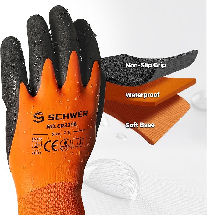Schwer 2 Pairs Waterproof Work Gloves for Men and Women CR3306, Gardening Gloves with Double Latex Coated, Non-slip Working Gloves for Garden, Outdoor Construction, Car and Fish Cleaning, S