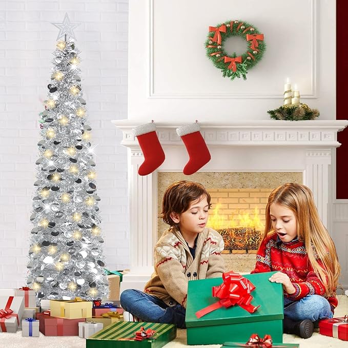 HMASYO 5 FT Pop Up Christmas Tree with Timer Lights, Silver Christmas Tinsel Tree, Collapsible Artificial Pencil Christmas Tree for Indoor Home Apartment Porch Holiday Party Decorations