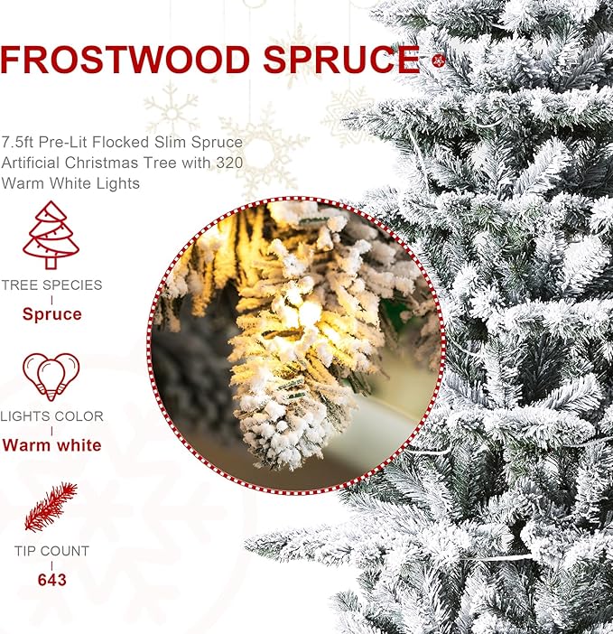 Glitzhome 7.5ft Pre-Lit Flocked Slim Artificial Christmas Tree Frostwood Spruce with 320 Warm White Lights and Sturdy Metal Stand for Home, Office, Party Decoration