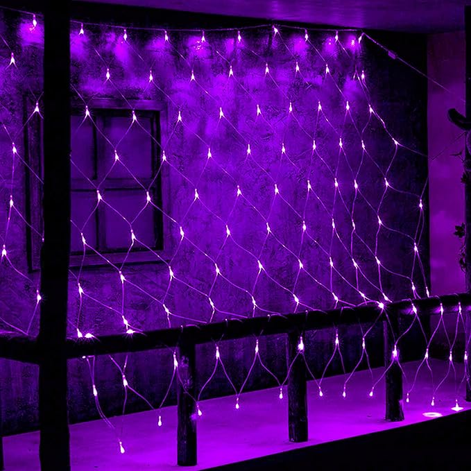 Dazzle Bright Halloween 200 LED Net Lights, 9.8 FT x 6.6 FT Connectable Mesh Lights Clear Wire with 8 Lighting Modes, Halloween Decorations for Indoor Outdoor Bush Yard Garden Decor (Purple)
