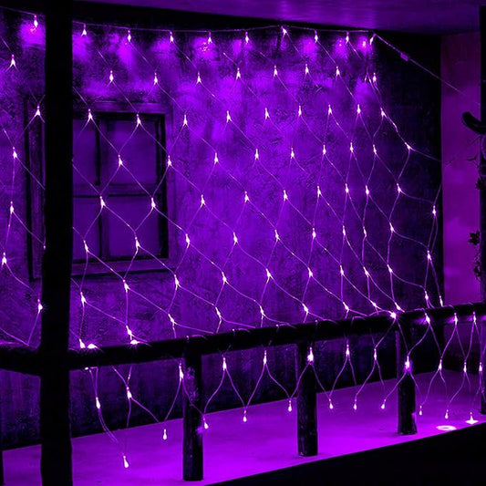 Dazzle Bright Halloween 200 LED Net Lights, 9.8 FT x 6.6 FT Connectable Mesh Lights Clear Wire with 8 Lighting Modes, Halloween Decorations for Indoor Outdoor Bush Yard Garden Decor (Purple)
