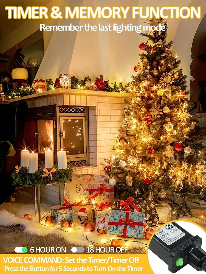 Voice Controlled Smart Christmas Lights Outdoor, 108.8ft 300 LED Extendable String Lights with 7 Voice Commands, 12 Modes & Timer, Waterproof Christmas Tree Lights for Party Garden (Warm White)