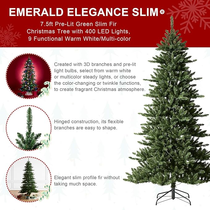 Glitzhome 7.5ft Pre-Lit Christmas Tree, Artificial Holiday Christmas Tree Emerald Elegance Slim Green Fir with 400 LED Lights, 9 Functional Warm White/Multi-Color, Remote Controller