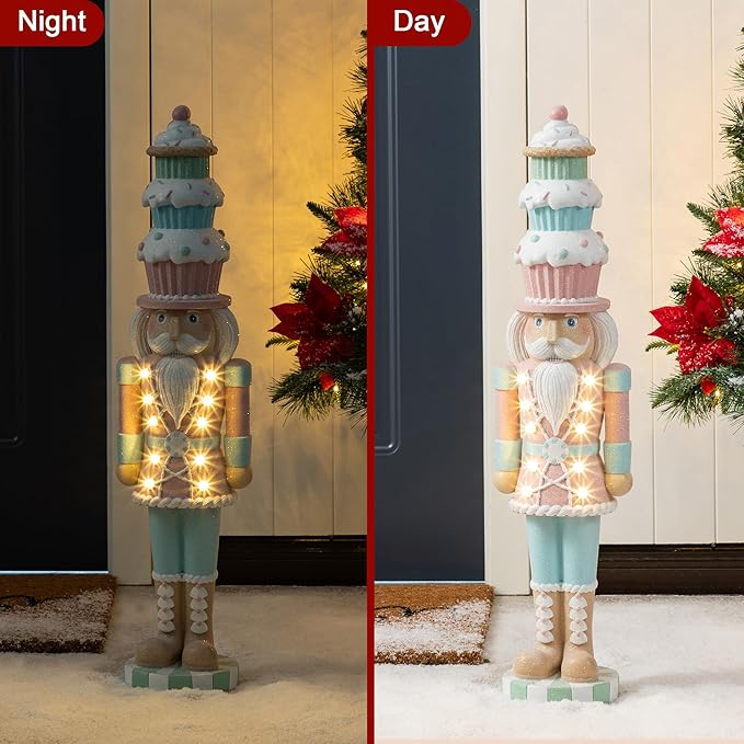 Glitzhome Christmas Front Porch Decor, Lighted Macaron Pink and Blue Resin Xmas Cupcake Nutcracker Porch Decor w/Timer for Indoor Outdoor Patio Standing Decor, 28" H