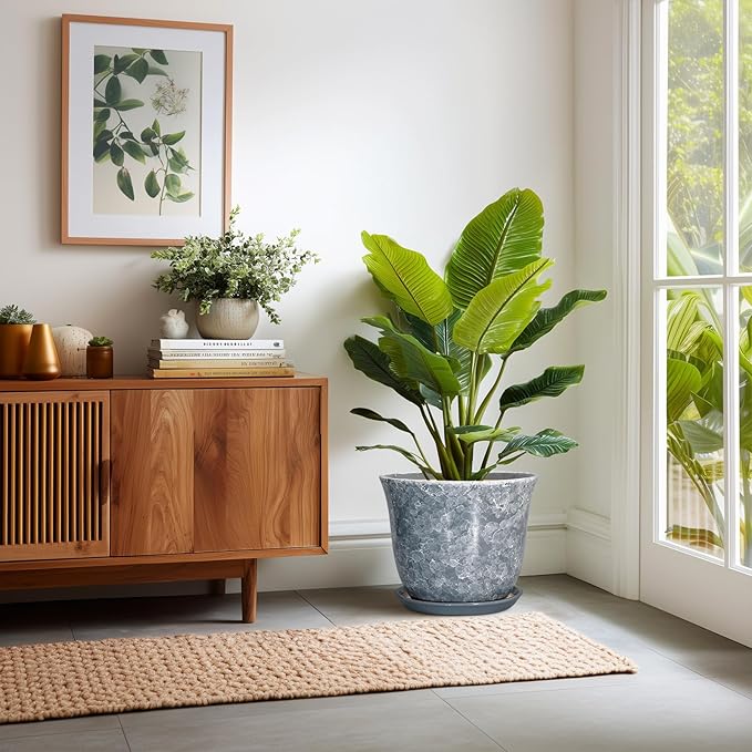 Ceramic Plant Pots - 12 Inch Plant Pot with Drainage Hole and Saucer, Round Planter for Indoor Outdoor, Modern Decorative Planters, Large Flower Pots, Home Decor, Housewarming Gifts, Grey