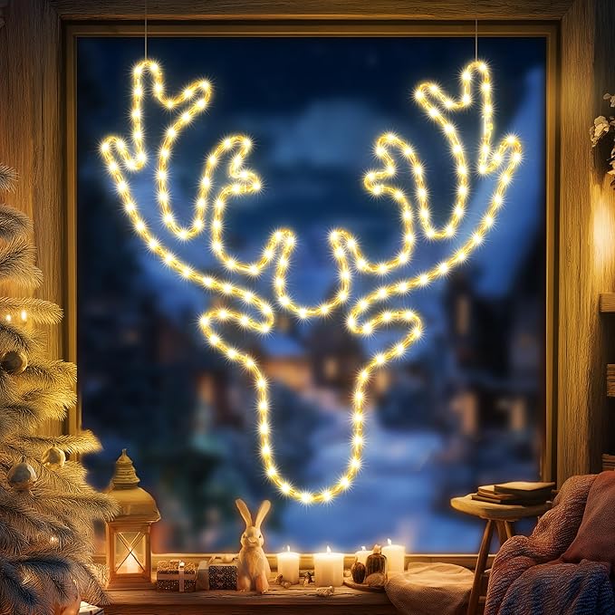 Christmas 32'' Large Reindeer Lights Decoration - 134LED Waterproof Christmas Outdoor Lighted Large Elk Sign for Wall Decor with Timer for Outdoor Home Party Wall Hanging Light