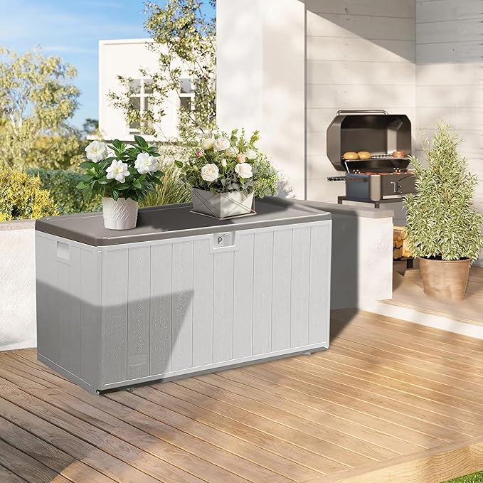 TARKARI Premium Pro Edition 110 Gallon Lockable Resin Deck Box, Waterproof & UV-Resistant Outdoor Storage Box for Outdoor Cushion Storage, Garden Tools & Pool Accessories Storage, White