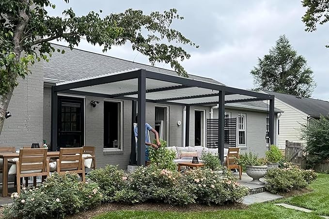 PURPLE LEAF Louvered Pergola 11' x 18' Outdoor Aluminum Pergola with White Adjustable Rainproof Roof Grey Frame Hardtop Gazebo for Patio Deck Garden