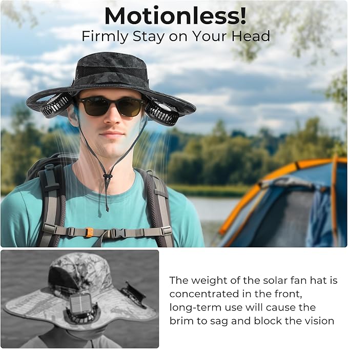 AMACOOL 2-in-1 Hands-Free Hat Fan with Detachable Neck Fan, UPF 50+ Wide Brim Sun Hat, 3-Speed Adjustable, 2600mAh Rechargeable Fishing Essentials for Men Women Camping Travel Delivery Outdoor-Camo