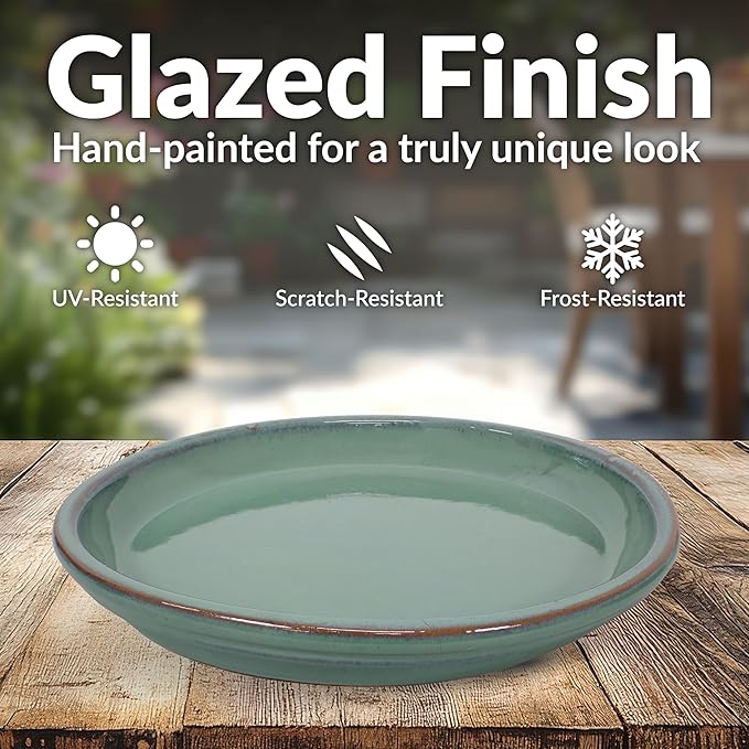 Sunnydaze 12-Inch Ceramic Plant Saucers - Plant Drip Trays for Outdoor Planter Flower Pot Drainage - Set of 2 - Seafoam