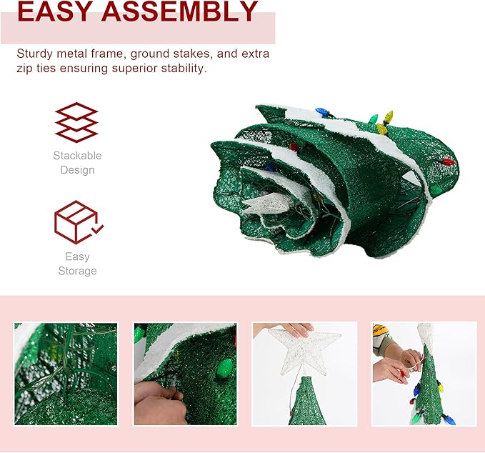 Glitzhome 56.25" H Lighted Christmas 3D Mesh Tree, Outdoor Decor with Colorful Long-Lasting Bulbs Holiday Lawn Ornament Yard Decoration Outdoor and Indoor use Long Lasting, 171 Green LED Lights