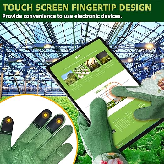 Gardening Gloves for Women, Comfortable Floral Long Sleeve Garden Gloves for Gardening and Outdoor Work, Durable Leather Long Gardening Gloves, Great Gift Ideas for Ladies, Green Print (Large)