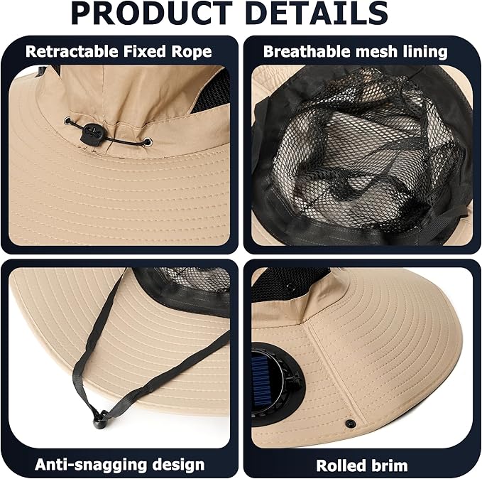Solar Fan hat, Equipped with Two Detachable Fans, USB/Solar Dual Power Supply, Full Sun Protection,Wide Brim Adjustable