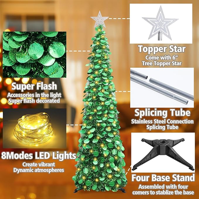 HMASYO 5 FT Pop Up Christmas Tree with Timer Lights, Green Christmas Tinsel Tree, Collapsible Artificial Pencil Christmas Tree for Indoor Home Apartment Porch Holiday Party Decorations
