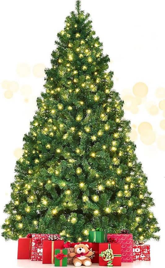 7.5ft Prelit Christmas Tree, Indoor Xmas Tree w/ 1346 PVC Branch, Pre-Strung 400 Warm White LED Lights & Metal Hinge, Artificial Christmas Tree for Home, Holiday, Party Decoration