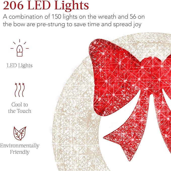 Best Choice Products 60in Pre-Lit Outdoor Christmas Wreath Decoration, LED Metal Holiday Decor for Home Exterior, Garden w/ 206 Lights, Bow - White/Red