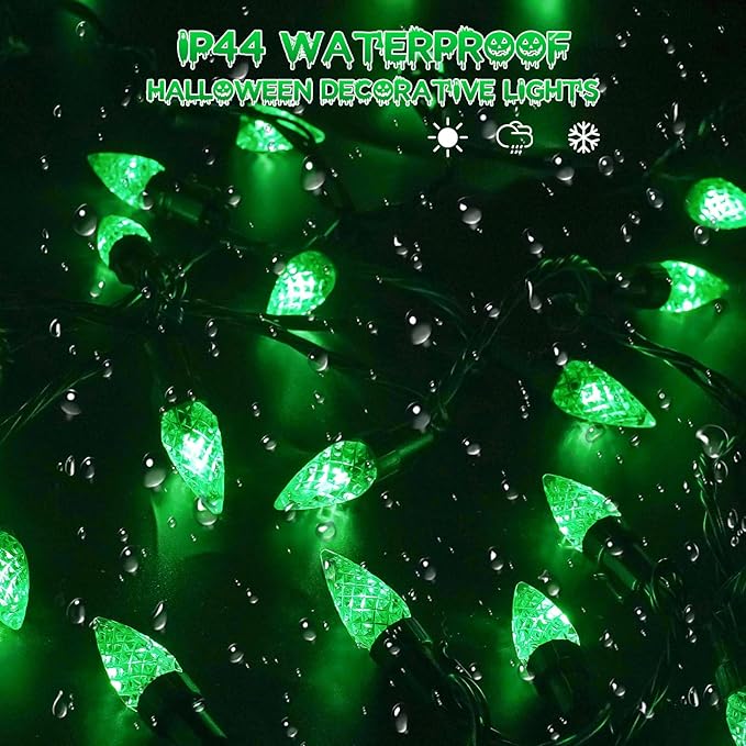 2 Pack C6 Halloween Lights Outdoor Indoor, Total 200 LED 66 FT Connectable Christmas String Lights with Timer & 13 Modes, Waterproof Twinkle Light for Porches Tree Horror Party Decorations (Green)