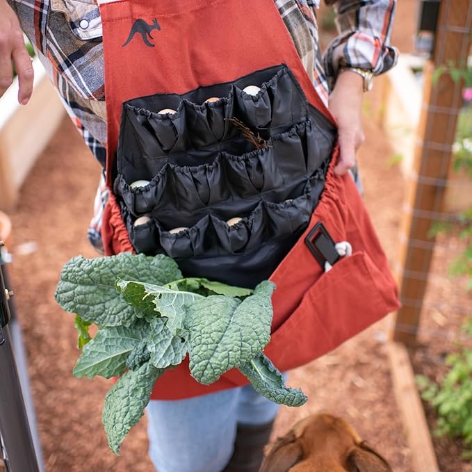 Roo Gardening Apron with Pockets & Harvesting, Picking Pouch - Adjustable, Water-resistant, Washable Canvas Cotton