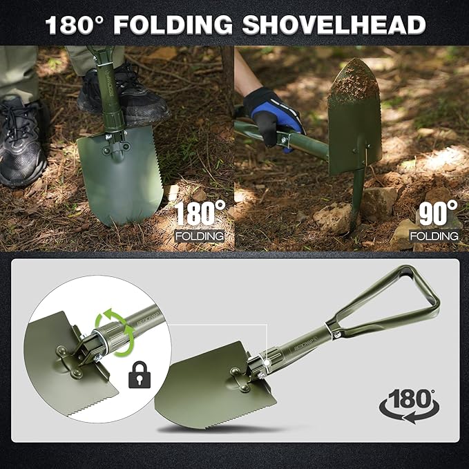 REDCAMP 23" Military Folding Camping Shovel w/Cover,Portable Shovel with High Manganese Steel, Tactical Entrenching Tool Tri-fold Handle Shovel for Camping Hiking Sand Mud Snow Beach, Green 2.5Lbs