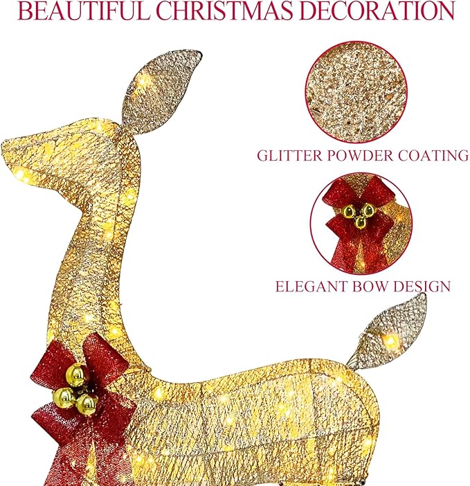 4ft Outdoor Lighted Reindeer Christmas Decorations, 3-Piece Reindeer Family Set with 240 LEDs, Bells, Red Bows, Durable Weatherproof Metal Frame for Yard, Garden, Indoor Holiday Decor, Gold