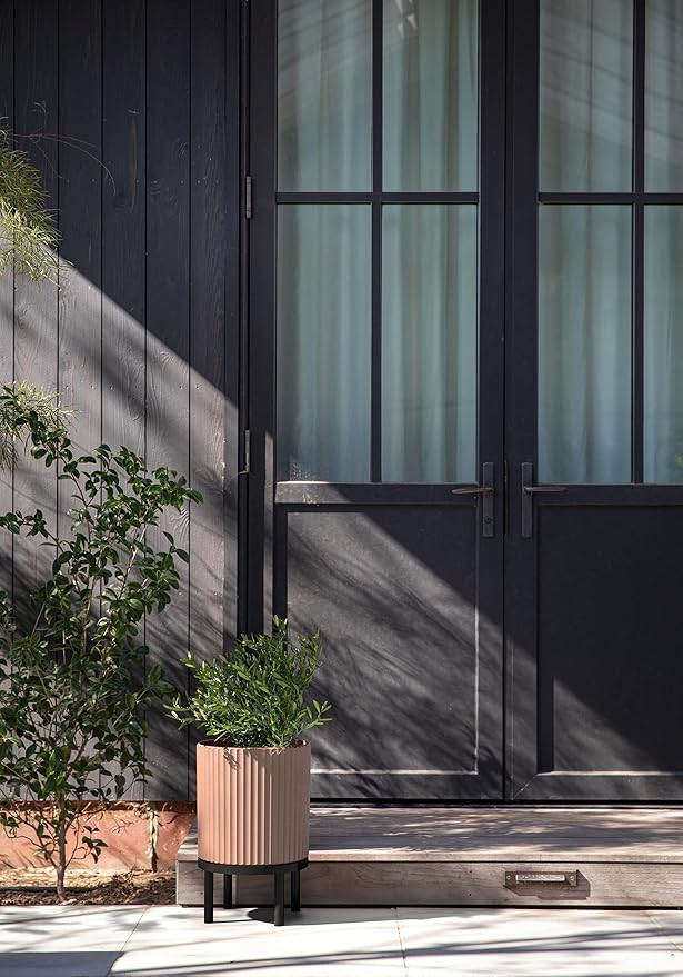 Veradek Demi Series Round Planter w/Stand for Porch/Patio | Durable Plastic-Stone Composite & Wooden Stand | Modern Décor for Tall Plants, Flowers