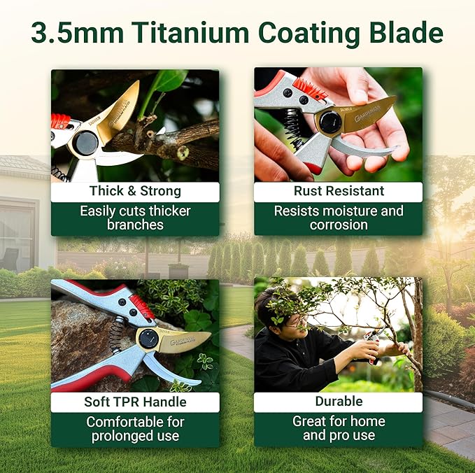 Gardeness Titanium Bypass Pruning Shears- SK5 Steel Garden Clippers For Gardening, Florist cutters-Floral Secateurs with Soft Comfort Grip Handles for Trimming Flowers, Branches, Shrubs and Plants