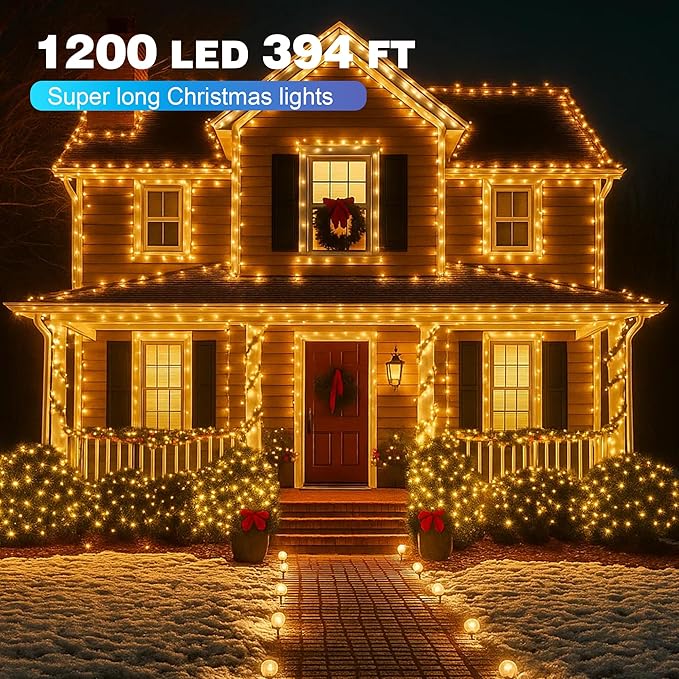 Christmas Lights 1200 LED 394 FT, IP67 Waterproof Christmastree Lights with 8 Modes, Remote Control 3 Timers & Memory Function Xmas Decorations for House and Holiday (Warm White)