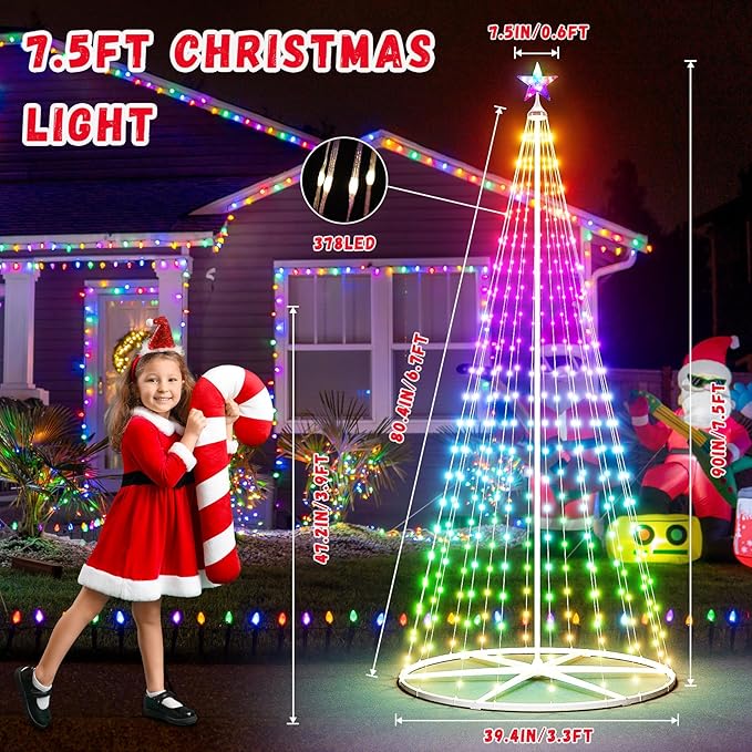 7.5FT LED Smart Christmas Tree - Outdoor & Indoor Lighted Christmas Tree Decorations Christmas Cone Tree App Control Color Changing Light for Yard & Garden