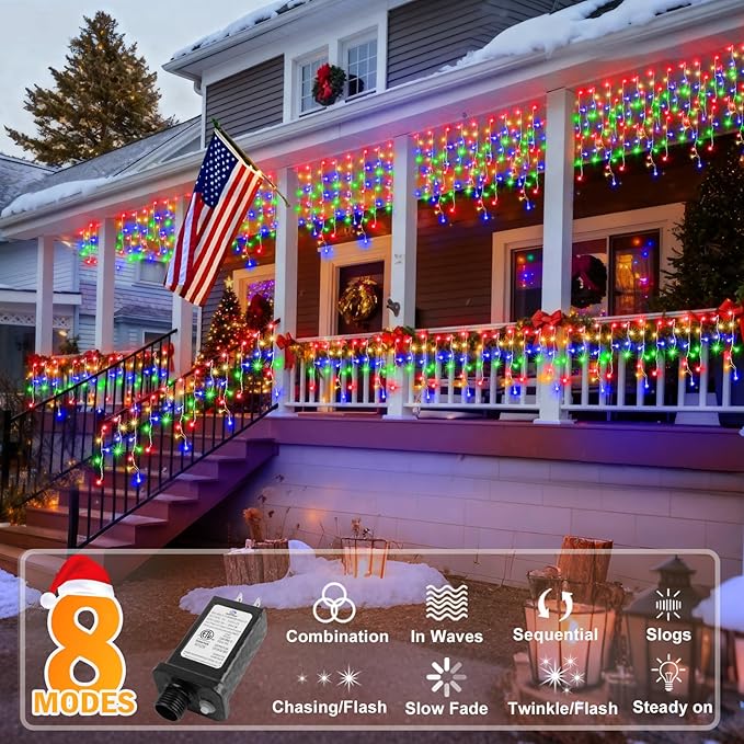 KNONEW 164FT 1600 LED Christmas Lights Outdoor Decoration Multicolor with 320 Drops, 8 Modes Timer Hanging Fairy String Lights Plug in Waterproof Indoor Decor for Holiday Wedding Party Window Garden