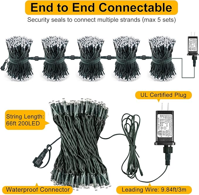 Christmas Lights Outdoor, 66FT 200 LED Christmas String Lights with 8 Modes Waterproof, Connectable Green Wire Twinkle Light for Tree Patio Garden Party Holiday Decorations, Blue
