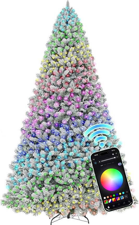 HOLLO STAR 12 ft Flocked Prelit Christmas Tree with 1097 LED Lights, App Control, Artificial Christmas Tree, Multi-Color RGBW Lights, 4000 Branch Tips, Snow Xmas Tree, for Home, Party