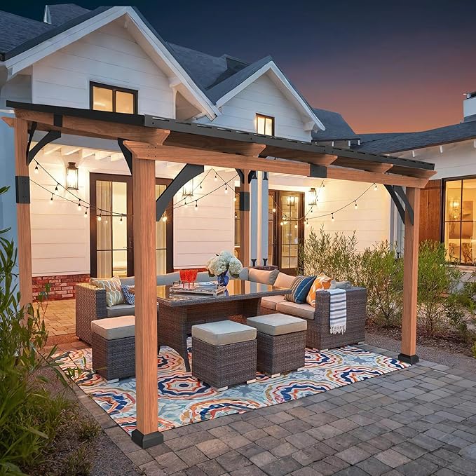 Macrout 12'x14' Outdoor Gazebo, Heavy Duty Pergola with Sloped Metal Roof and Aluminum Frame, Permanent Gazebos for Patio, Decks, Backyard, Garden, 4756 (Sloped Roof + Brown Frame, 12'x14')