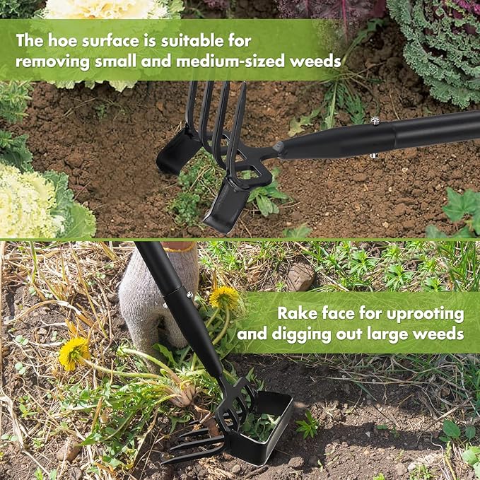 Weed Puller Gardening Tools, Hula Garden Hoe and 4 Tines Rake 2-in-1 Garden Tools for Weeding, Action Stirrup Hoe with 37"-62" Adjustable Long Handle for Lawn,Vegetable Garden Loose Soil and Weeding